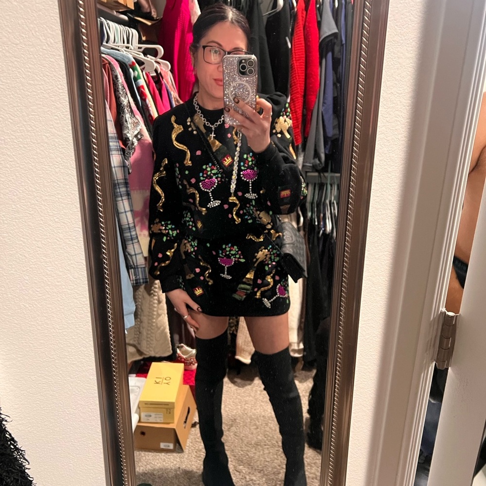 Queen Of Sparkles Champagne Bottle Coupe Skort and Matching Sweater Set